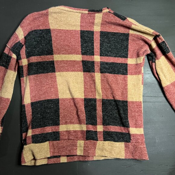 Bombom Women XL Checkered Plaid Brown Black Maroon Crew Neck Fall Sweater - Picture 5 of 7